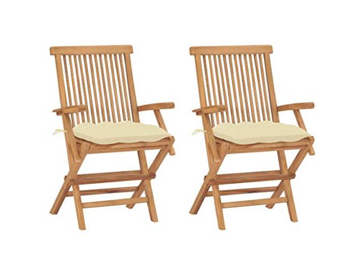 PHGTYUK Klappstühle mit Cremeweißen Kissen, 2 Stück, Massivholz Teakholz Wetterbeständig, Glatt Geschliffen, Leicht zu Reinigen, Platzsparend, 110 kg Belastbar