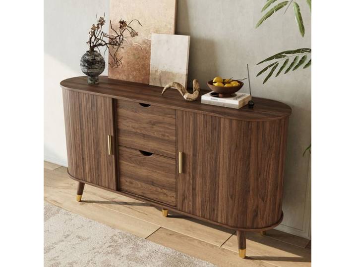 Buffet Bas Noyer 2 Portes Coulissantes 2 Tiroirs Sideboard Moderne FloraGrace Pour Salon Avec Étagères Réglables 140x40x79 5cm