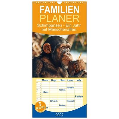 Familienplaner 2027 - Schimpansen - Ein Jahr mit Menschenaffen. mit 5 Spalten (Wandkalender, 21 x 45 cm) CALVENDO