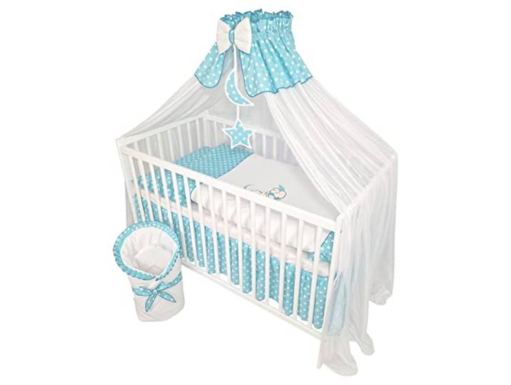 Bello24 - 13 Teiliges Babybett Kinderbett und Bettwäsche komplett Set Happy Leo inkl. Matratze höhenverstellbar für Neugeborene Babys und Kleinkinder aus Massivholz Bestickt (Teddybär Mond Azurblau)