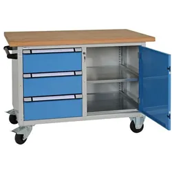 THURMETALL Mobile Systemwerkbank mit Tür und 3 Schubladen grau, 125x87.7x70 cm