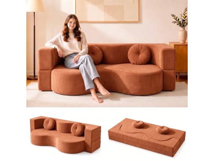 Ribanedy Wandelbares Boneless Schlafsofa，Orangerot：200 x 100 cm Vakuumverpacktes, komprimiertes Sofa mit 2 runden Kissen, hochdichtem Schaumstoff und ohne Montage