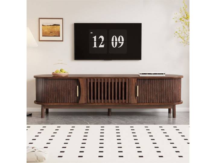 Meuble TV Bois Foncé Meuble TV Bas 165 cm Meuble TV Vintage pour Salon Tele Jusqu'à 65 Pouces Portes Coulissantes et Abattantes