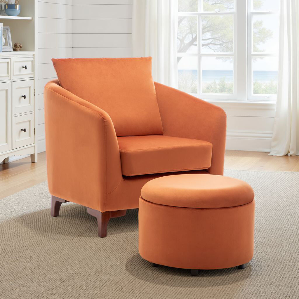 ClassicLiving Upholstered Barrel Chair With Footstool Orange Velvet 81cm H X 76cm W X 75cm D