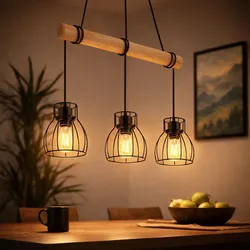 Vintage LED Pendelleuchte Hängelampe Holz Esstischlampe Retro Hängeleuchte mit Holzbalken, Metall schwarz, 3 x E27 LED warmweiß, LxBxH 50x14x140 cm