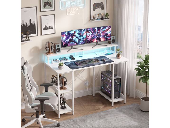 HOMCOM Bureau Réversible 120x50cm Étagères LED Prises Blanc Bois