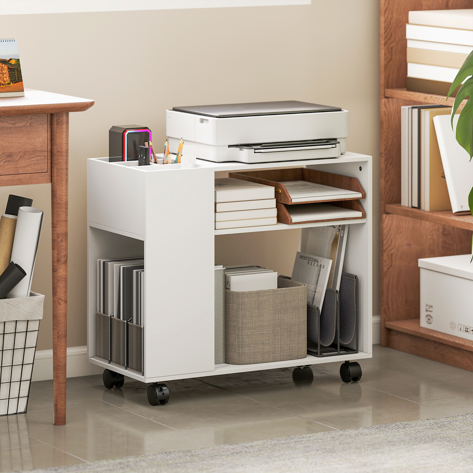 Homcom Mobile porta stampante con scomparto e ripiani, per ufficio 70 x 34 x 60 cm Bianco   Aosom Italy