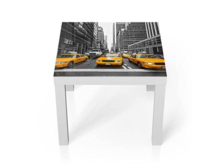 DEQORI Glastisch weiß klein 55x55 cm Motiv Gelbe Taxis in New York ausgefallener Beistelltisch aus Glas Hochglanz Couchtisch fürs Wohnzimmer moderner Couch Tisch mit Design