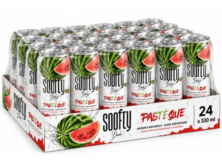 Soofty Drink Boisson Pétillante Pastèque 330 ml (Lot de 24) - Soda Rafraîchissant Pastèque