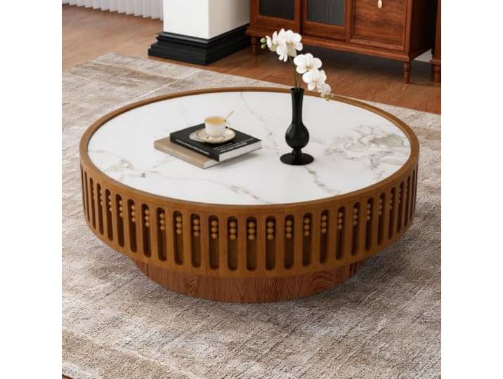 JHKZUDG Runder Couchtisch Aus Sinterstein Mit Geriffeltem Säulenfuß (90CM) 35,4-Zoll-Platte in Weißstein-Optik, Einfache Montage, Moderner Niedriger Tisch Für Wohnzimmer Und Home-Office