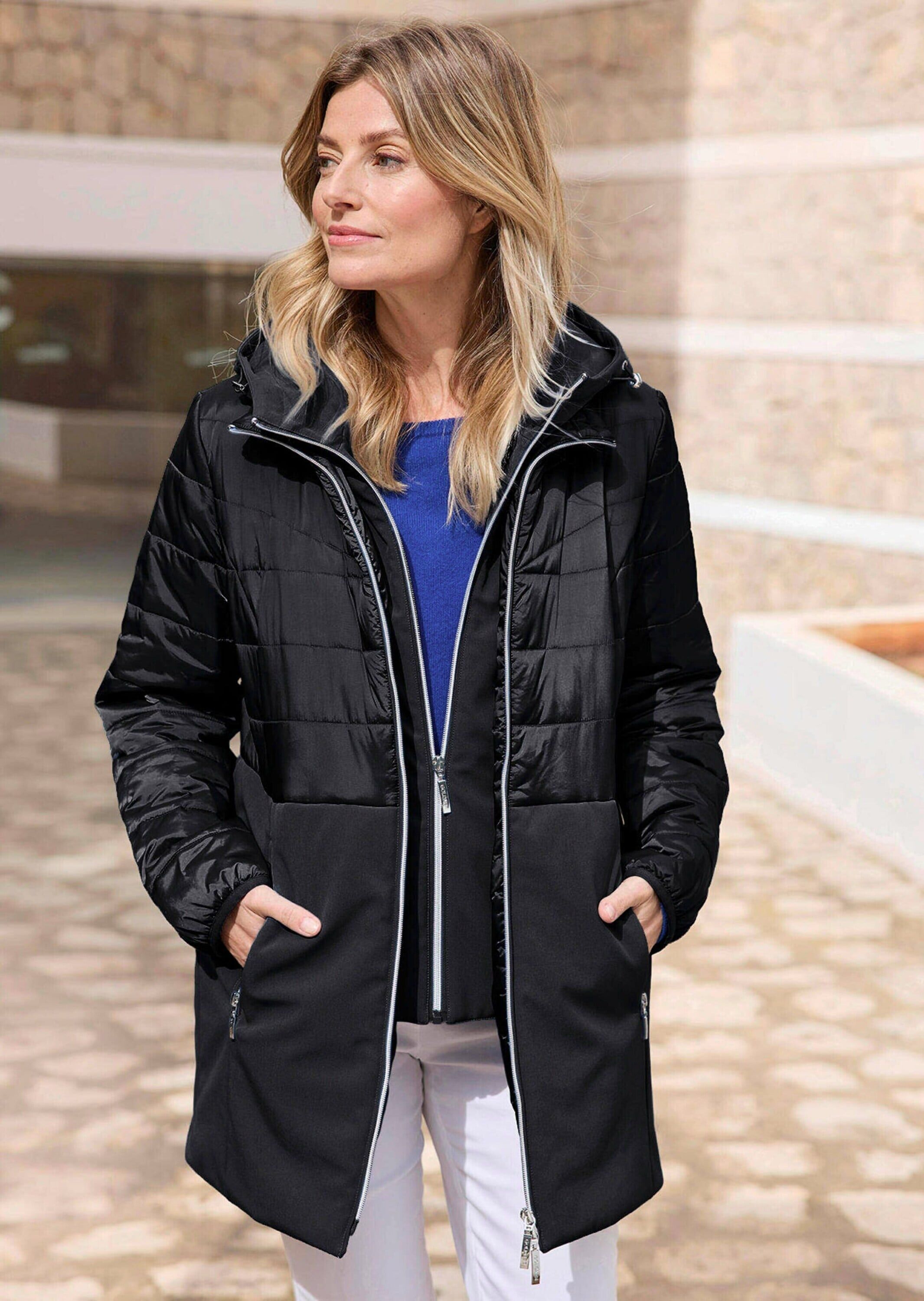 Langmantel GOLDNER "Wintermantel mit Softshell-Einsatz", Damen, Gr. 48, schwarz, Obermaterial: 50% Polyamid PA. 47% Polyester PES. 3% Elasthan EL., Mäntel, mit Softshell-Einsatz
