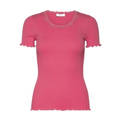 Spitzenshirt ROSEMUNDE "Beatha lace t-shirt mit Seide mit Seide", Damen, Gr. L, pink (rapture rose), Feinstrick, Obermaterial: 55% Seide, 45% Baumwolle, unifarben, eng hüftbedeckend, Rundhals, gewellter Abschluss, Shirts, wunderschönes Halbarmshirt...