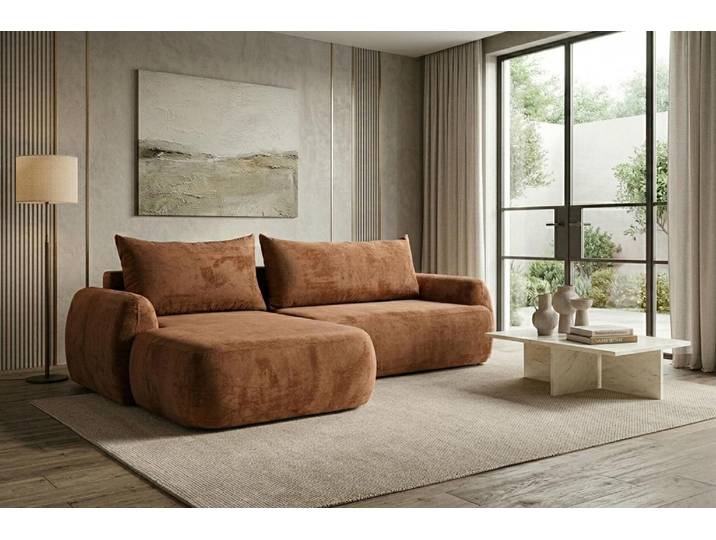 Kaiser Möbel Ecksofa mit Schlaffunktion und Bettkasten, Chenille-Stoff Perfecto, Kupfer, Links, HELA II