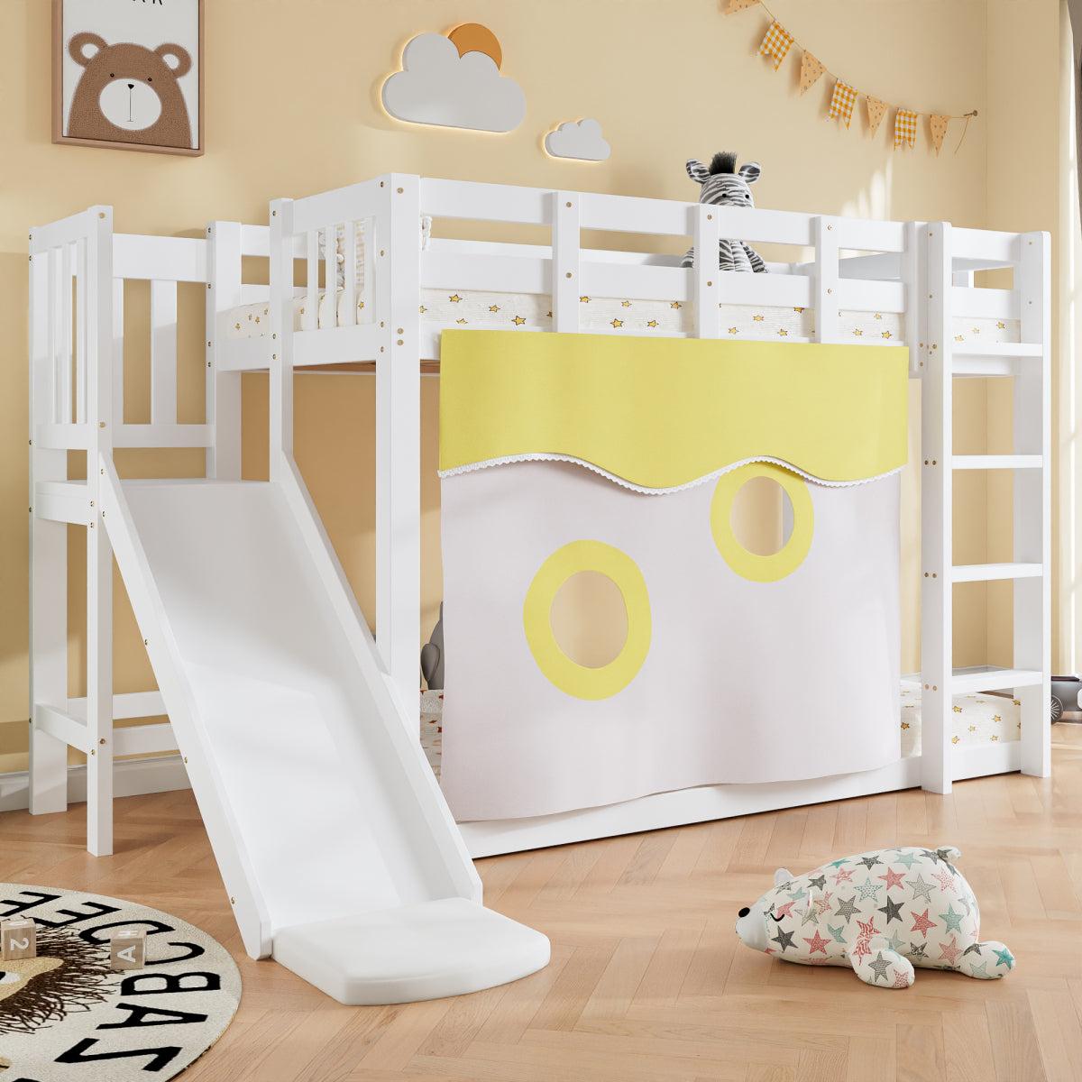Etagenbett Kinderbett 90x200 Weiß mit Rutsche Treppe und Bettvorhang Hochbett Spielbett aus Kiefernholz ohne Matratze Rausfallschutz Treppenregal