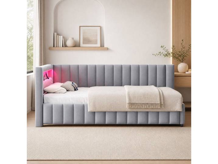 Canapé-lit Polsterbett 140x200 cm L-forme Samt Gris LED Lumière USB Lattenrost