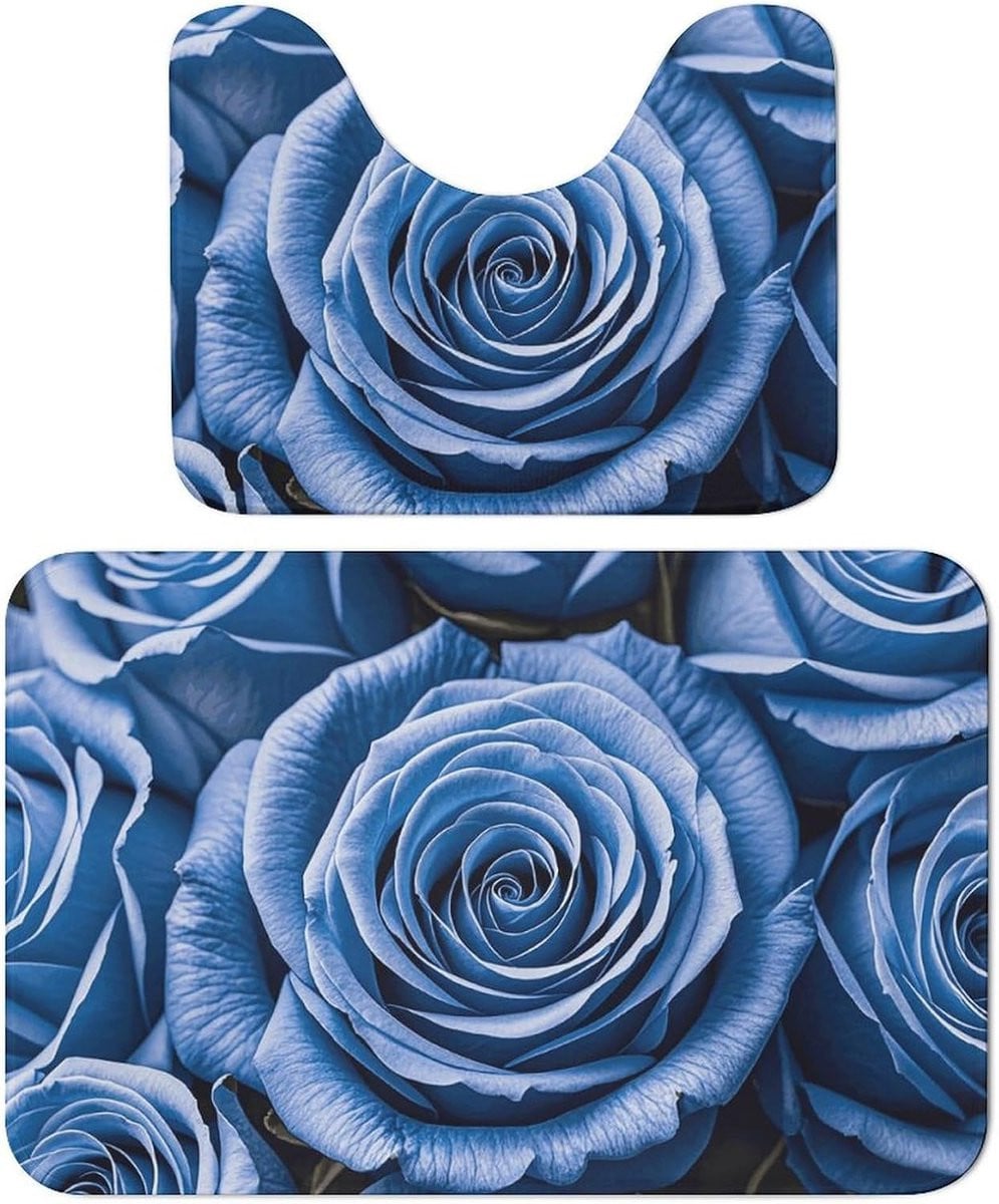 Set van 2 badkamer tapijten met blauwe bloemen voor toilet en badkamer