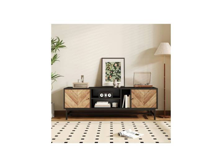 Meuble TV 150 cm design noir et bois rangements multiples moderne et minimaliste