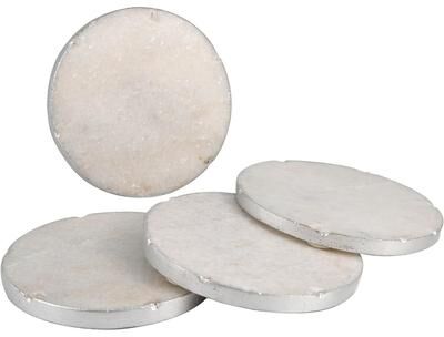 CounterArt Old Hollywood Round White Marble Coasters, All Natural Marble, Non-Slip Cork Backing, Drink Absorbent & Protects Table, Set of 4