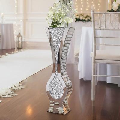 FATIVO "Silver 27"" Tall Mirrored Vase Crushed Diamond Floor Vase Pampas Faux Flower Vase Glam Decor"
