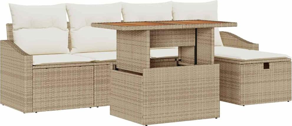 Garten-Sofa-Set 6-teilig, für Terrasse & Garten, aus Poly-Rattan & Akazienholz, 5 Sitzplätze, Beige, mit Gartentisch & Hocker