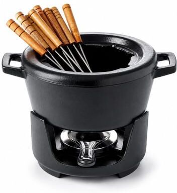 "Alva Nori Enameled Cast Iron Fondue Pot Set & 8 Forks - Non-Toxic - 2 Qt. / 8"""