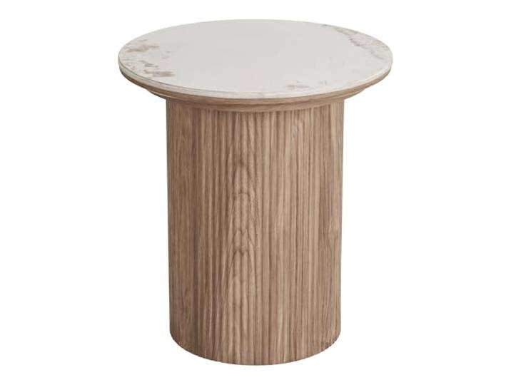 möbelando Beistelltisch Athens – Moderner Keramik Beistelltisch mit MDF-Dekor in Weiß/Dunkelbraun – 45x50 cm – Robust, Pflegeleicht & Stilvoll für Wohnzimmer, Flur & Schlafzimmer