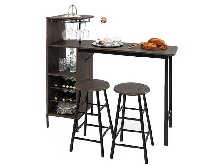 COSTWAY Bartisch mit Hockern, Weinregal & Halterungen (3 TLG), Küche
