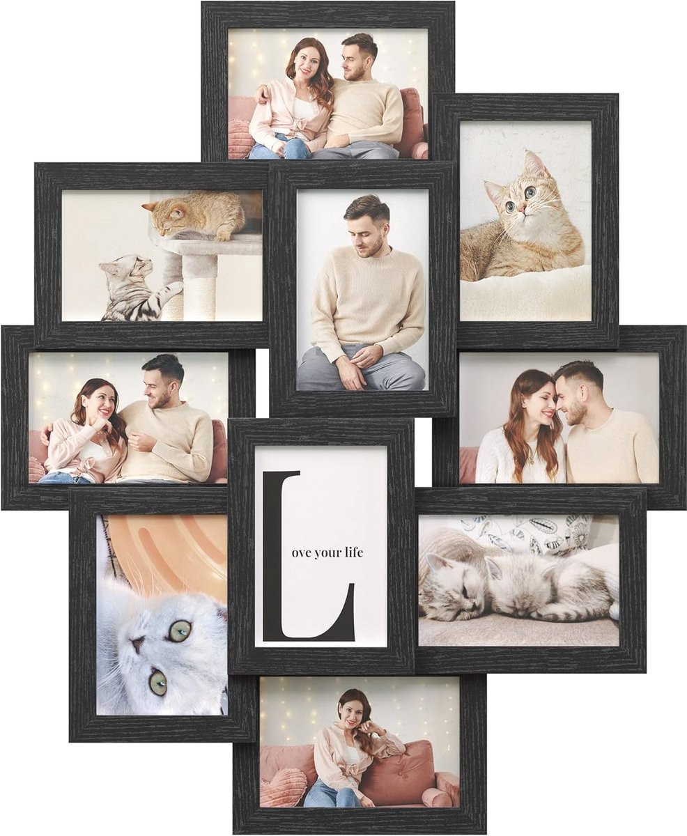 Triumpunpre Set van 10 Collage Fotolijsten voor de Muur - Zwarte Houten Wandhangende Fotolijsten - 4x6 inch