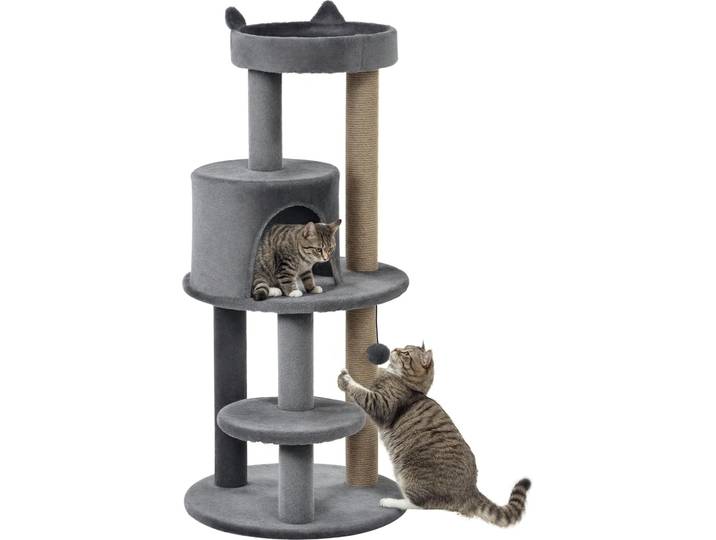 PawHut Arbre à chats multi-équipements griffoirs grattoirs plateformes niche jeu boule suspendue Ø 48 x 104H cm gris