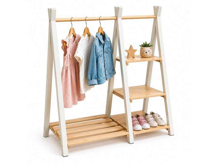 Relaxdays Kleiderständer Natur-Weiß mit Regal Kinder, Hellbraun, Weiß, Holz, 112x111.5x48 cm, Garderobe, Garderobenständer