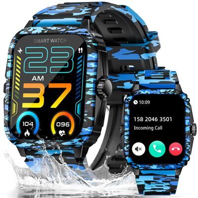 Daily Deals Depot Smart Watch Waterproof Men Fitness Tracker, Bluetooth Call, Heart Rate, Original Camouflage Design camouflage Blue
