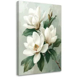 BILD auf Leinwand, Weiße Magnolien mit grünen Blättern auf hellem Hintergrund