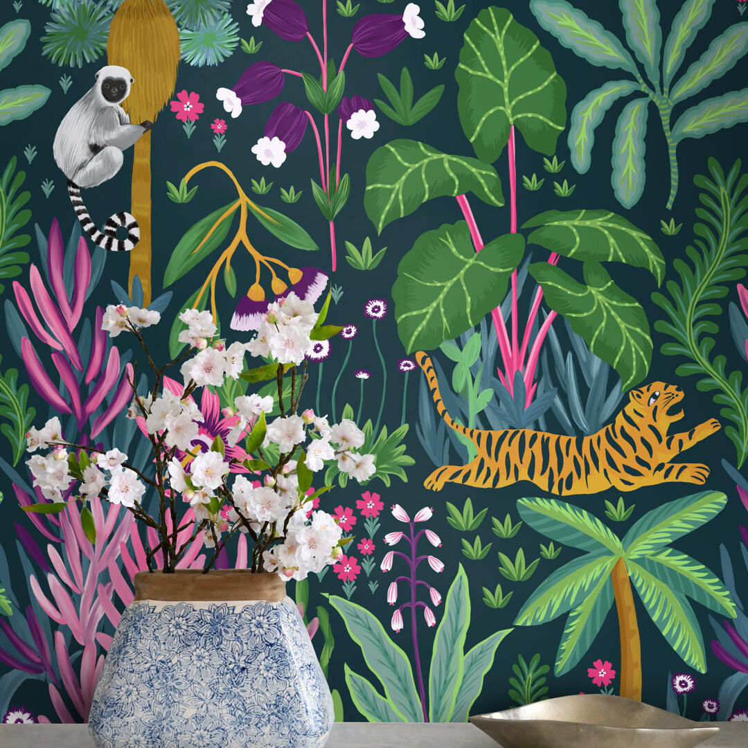 WALLPAPERS4BEGINNERS Jungle Tiger and Monkey Wallpaper Tropical Green Green/Pink/Yellow 250cm L