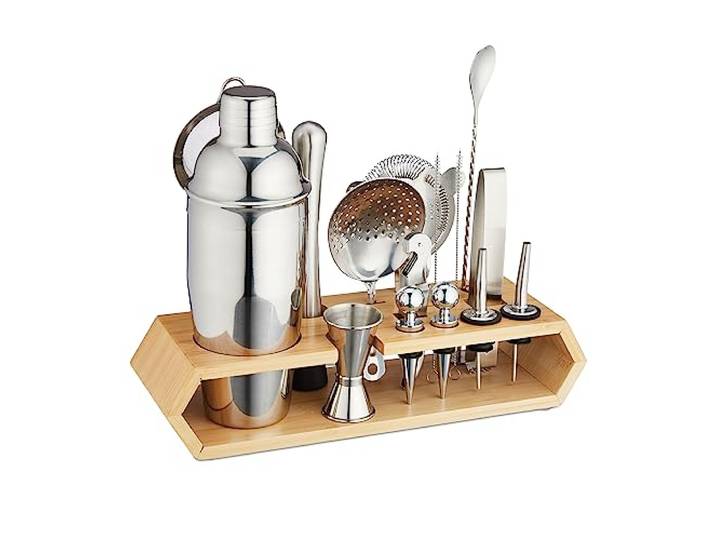 Relaxdays cocktail set met houder, 16-delig, barmaatje, shaker, stamper & meer, cocktail accessoires, zilver/natuur