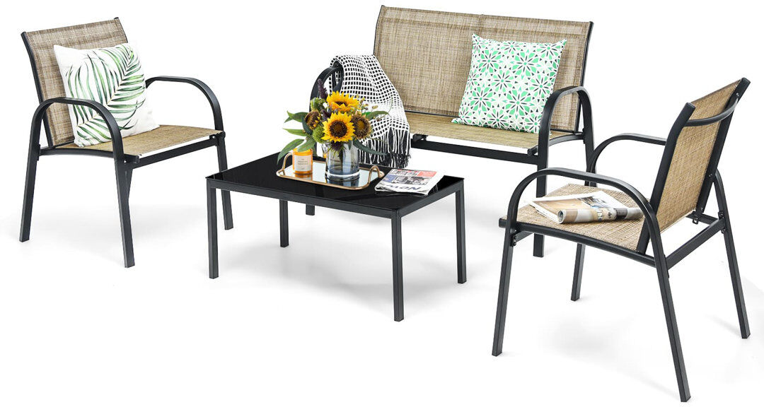 17 Stories 4-Piece Patio Furniture Set With 2 Chairs & Glass Coffee Table-Brown Black/Brown 4