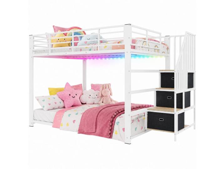 Modfu Etagenbett aus MDF und Metall 140x200 cm Weiß/Walnuss mit Stauraumtreppe, LED und USB-Anschlüssen, 140x200 cm, Babymöbel & Kindermöbel, Kinderzimmer & Jugendzimmer, Stockbetten