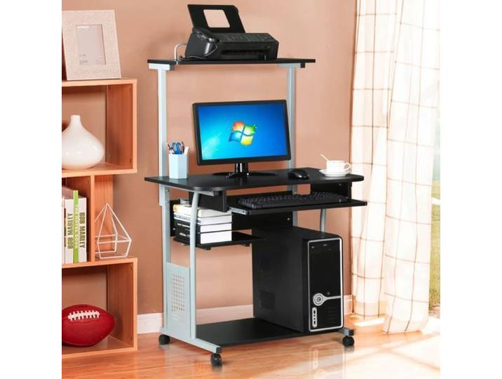 Yaheetech Bureau Informatique avec 3 Tablettes de Rangement Roulettes avec Freins Bureau Ordinateur Noir 80 x 50 x 132 cm
