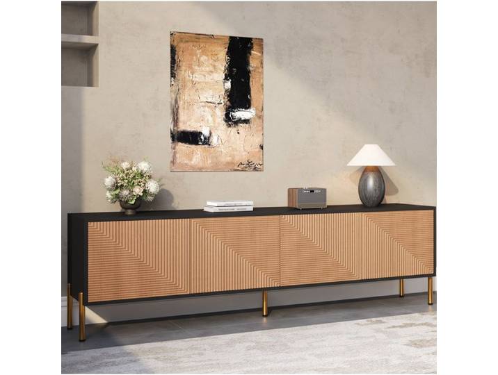 Meuble TV 4 Portes Noir Et Naturel Banc TV Moderne FloraGrace Pour Salon Et Sejour Sans Poignees 179x35x53 5cm