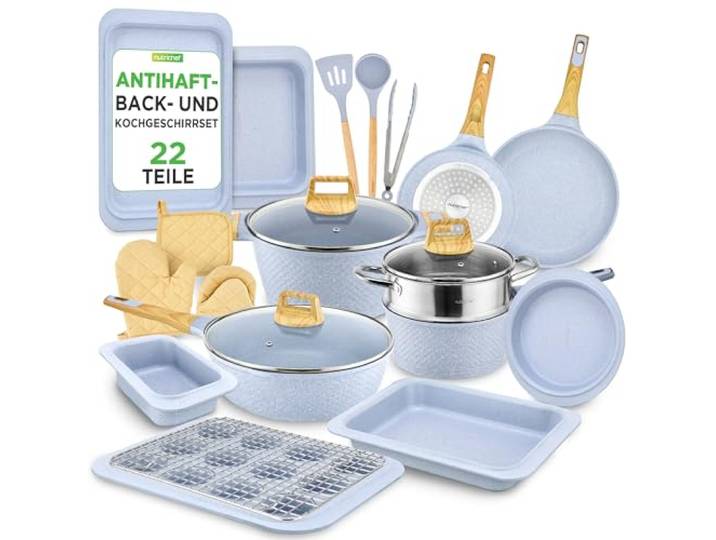 NutriChef Pfanne & Topfset Eisblau – 22-teiliges Antihaft-Kochgeschirr Marmoroptik Pfannenset mit Grillzange Küchenutensilien Backform und Ofenhandschuhen Induktion geeignet spülmaschinenfest