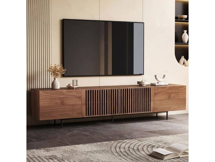 Meuble TV moderne 75  avec rangement console 180 cm 4 portes couleur noyer