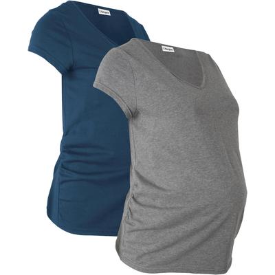 Umstandsshirt BONPRIX, Damen, Gr. 48/50 (XL), blau (dunkelblau, grau meliert), Obermaterial: 95% Baumwolle, 5% Elasthan, unifarben, figurumspielend, V-Ausschnitt, Shirts Umstandsshirt, figurumspielende Passform, kurze Ärmel, mit seitlichen Raffungen