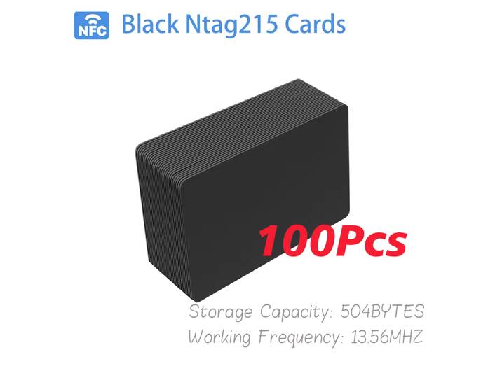 Cartes NFC de couleur noire, 100 pièces, 504 octets, cartes de visite NFC, cartes NFC 215, cartes NFC Ntag215, cartes NFC vierges