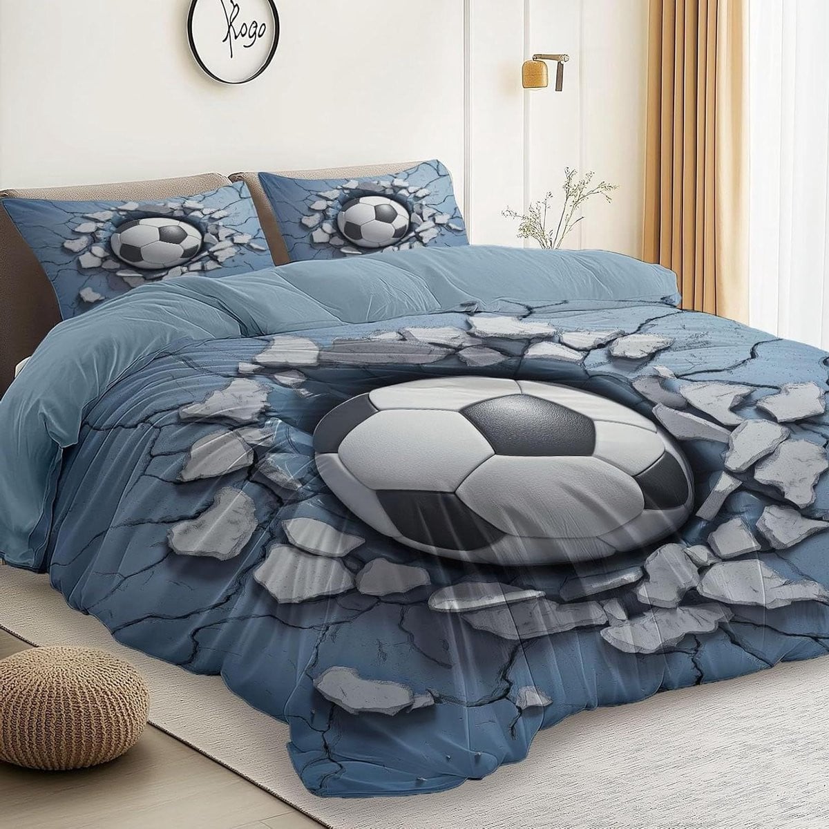 Omkeerbaar voetbal design dekbedovertrekset - Lichtblauw - 135 x 200 cm