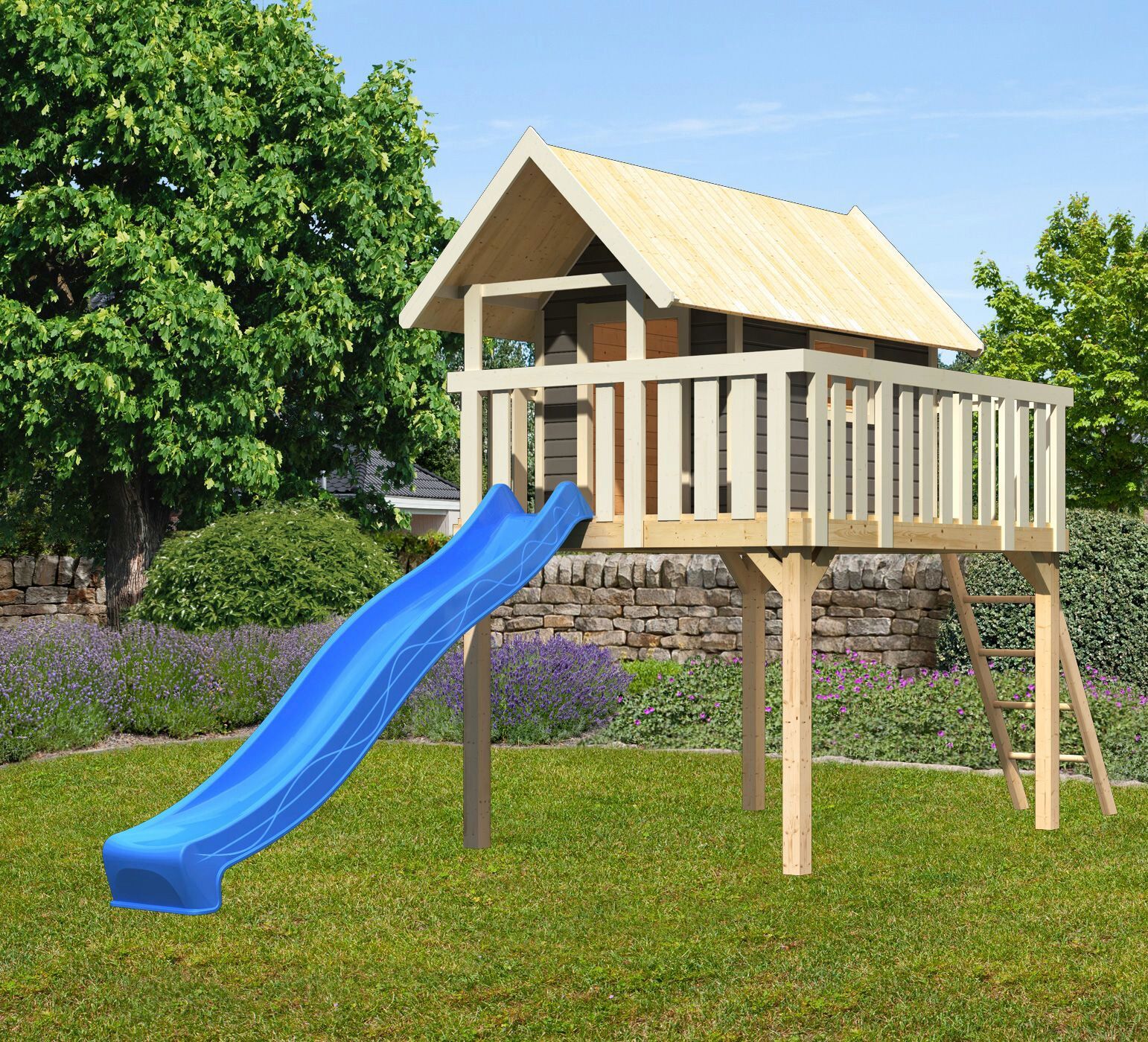 Spielturm AKUBI "Fidel", grau (terragrau), Spieltürme, KinderB:198cm H:329,5cm T:243cm, Holzwerkstoff, Spielturm, BxTxH: 198x243x330 cm, mit Rutsche in blau, B:198cm H:329,5cm T:243cm