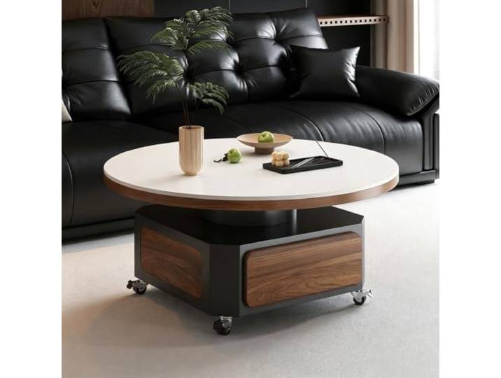 Set aus 2 runden, ineinander schiebbaren Couchtischen mit Schubladen Moderner Couchtisch aus Sinterstein – exklusiver Mittelpunkt für Luxusvillen und gehobene Wohnbereiche(B,27.6in)