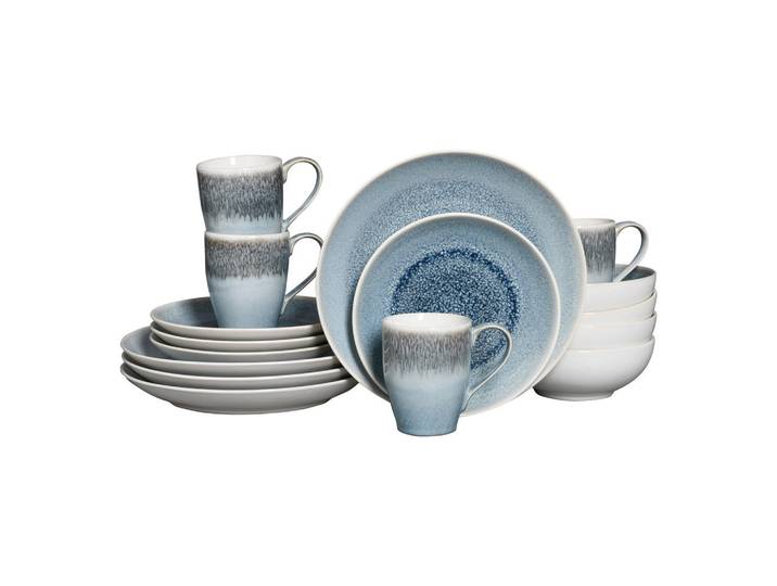 Creatable Kombiservice Caldera Eisblau, Weiß, Hellblau, Keramik, 16-teilig, 300 ml,400 ml, handbemalt, lebensmittelecht, stapelbar, Geschirr, Geschirrsets, Kombiservice