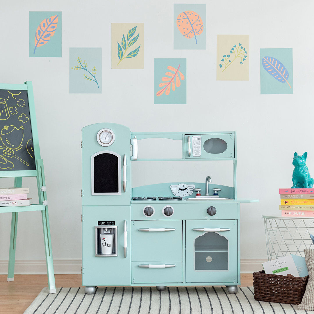 Teamson Kids Retro Wooden Play Kitchen with Chalkboard, Pretend Icemaker & Accessories Mint 93.4cm H X 97.2cm W X 29.2cm D