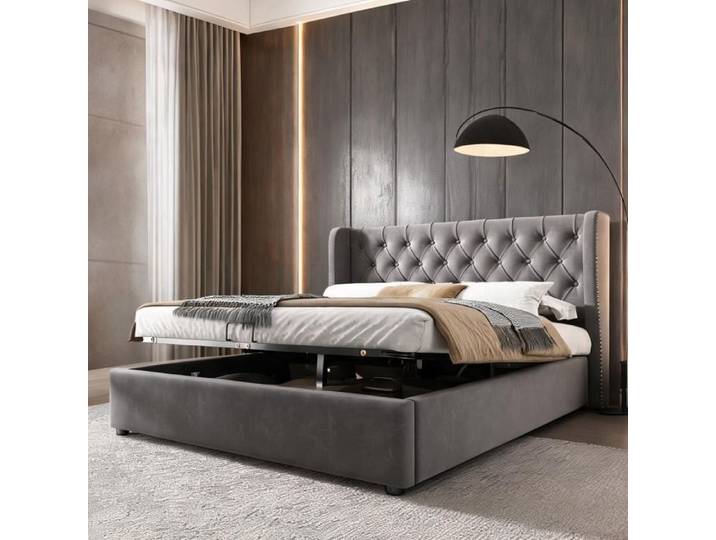 Lit double 140x200 cm coffre hydraulique style Chesterfield en velours gris anthracite