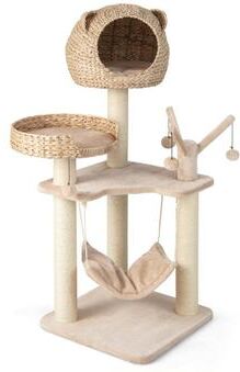 Costway Multi-Level Cat Tree with Condo Hammock and Rotatable Hanging Balls-Natural