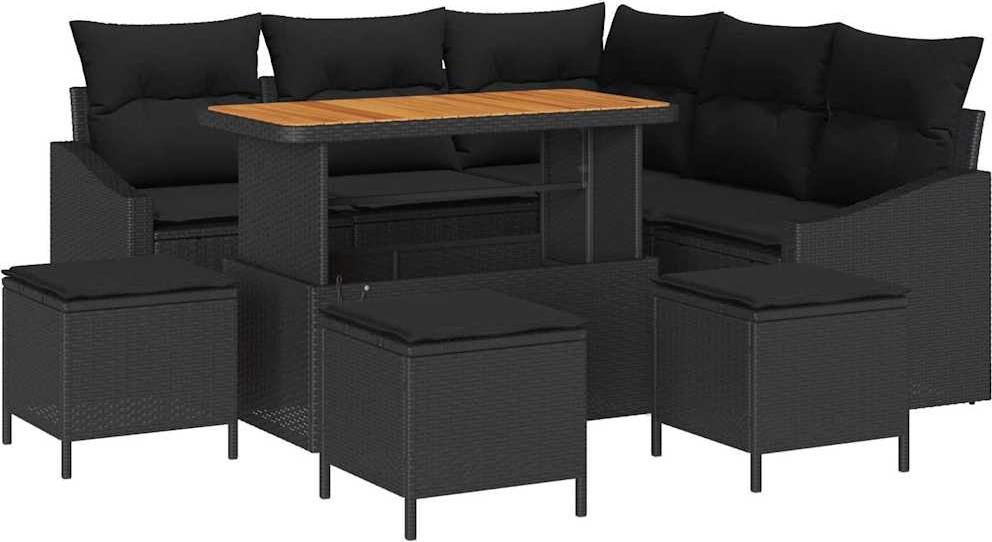 Modulares Gartenmöbel-Set, 9-teiliges Gartensofa mit Kissen, wetterfestes Poly-Rattan & Akazienholz, höhenverstellbarer Tisch, 8 Sitzplätze, Schwarz
